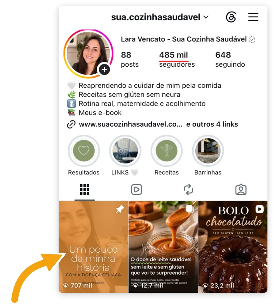 Perfil Instagram @sua.cozinhasaudavel com 485 mil seguidores